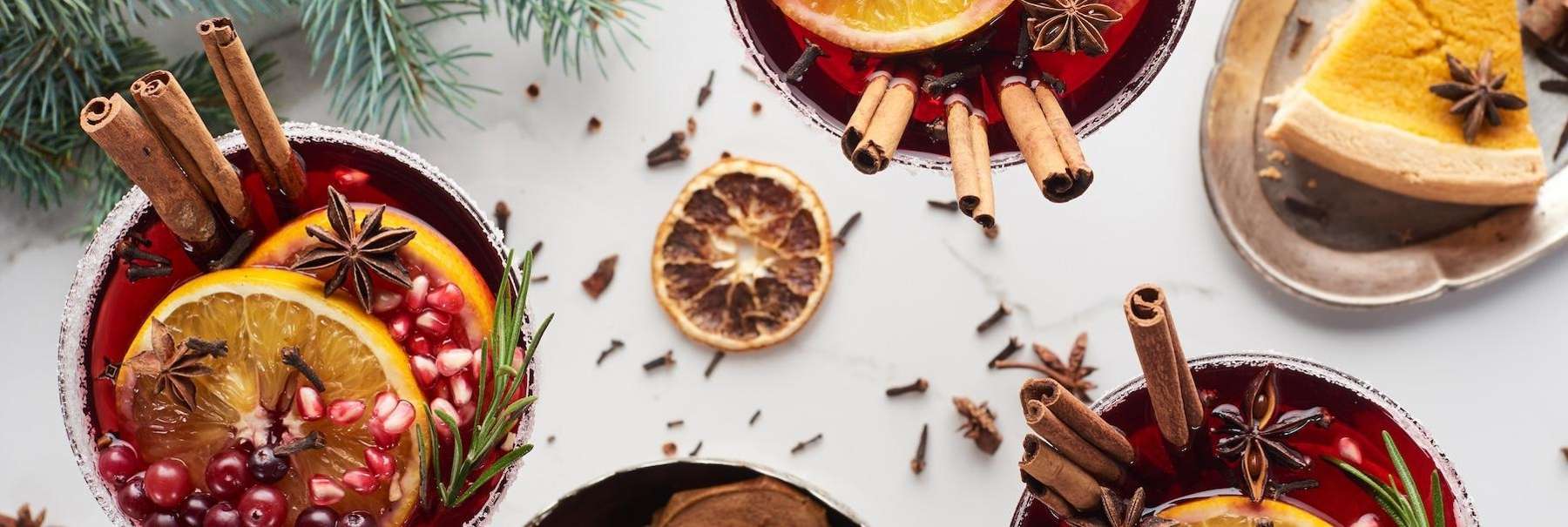 Holiday spread of drinks and food